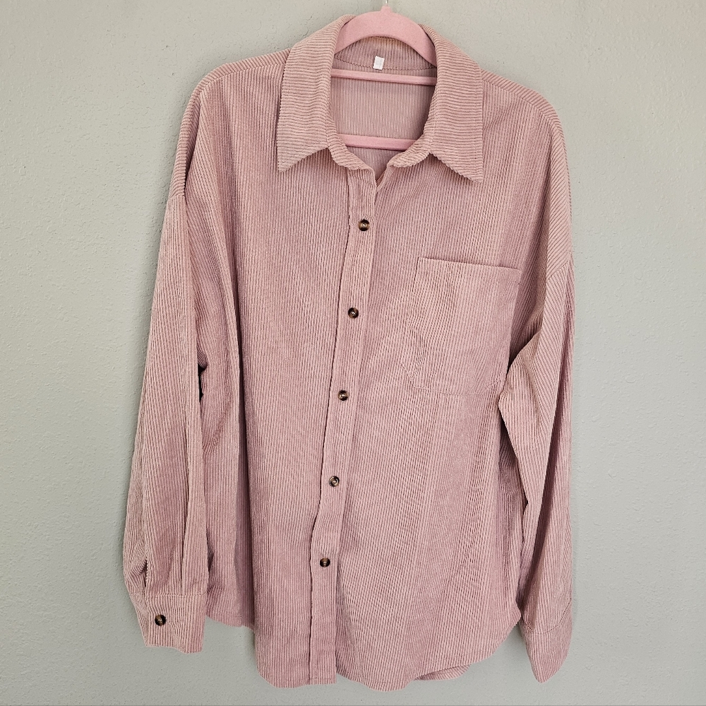 Blush Pink Corduroy Button Down Shirt Jacket Shacket Womens